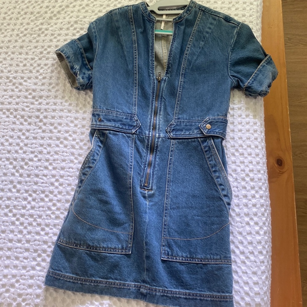 Free people denim deep v dress. Worn 2xs